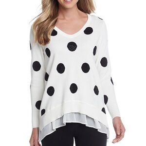 Chelsea & Theodore White and Black Polka Dot V-Neck Sweater